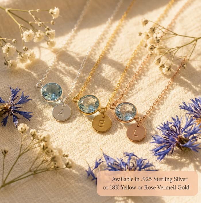Blue topaz birthstone necklace available in sterling silver or 14K gold-filled.