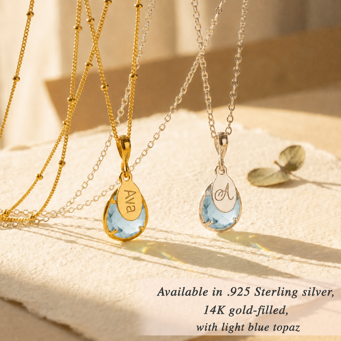 Personalized blue topaz necklaces in gold, sterling silver and rose-toned metal options