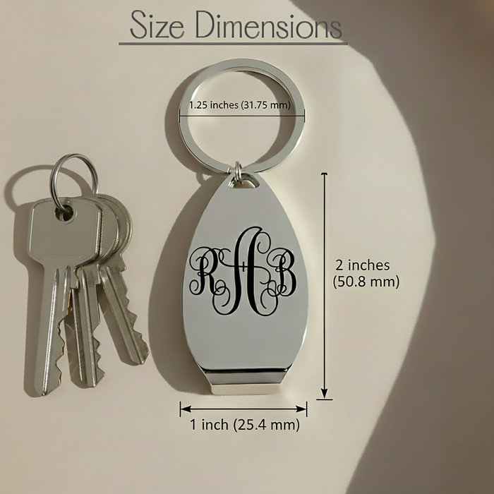 Engraved bottle opener keychain shown with size dimensions for reference. Stainless steel personalized keychain with compact design for everyday use.