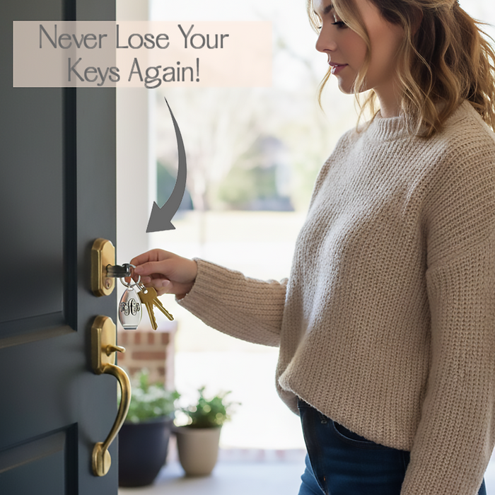 Personalized bottle opener keychain hanging near front door, highlighting everyday convenience. Practical engraved keychain for men.