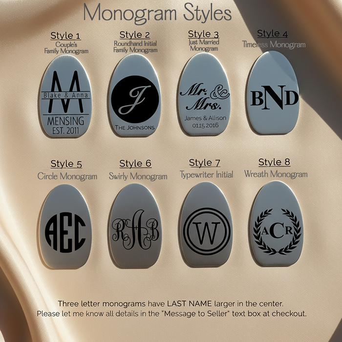 Monogram style options for engraved bottle opener keychain. Personalization guide showing different initial layouts.