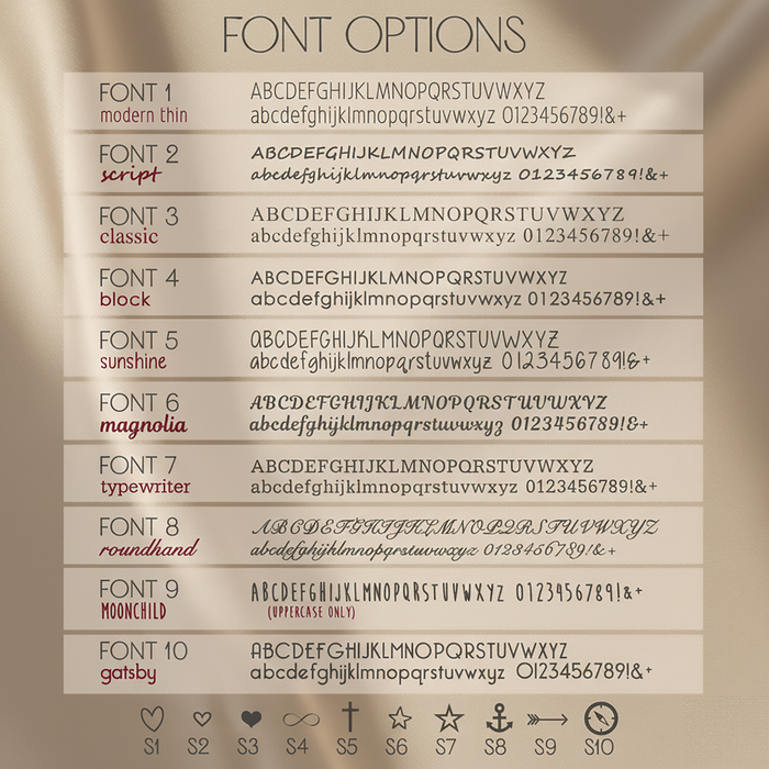 Font style options for custom engraved bottle opener keychain. Choose from classic or modern engraving styles.