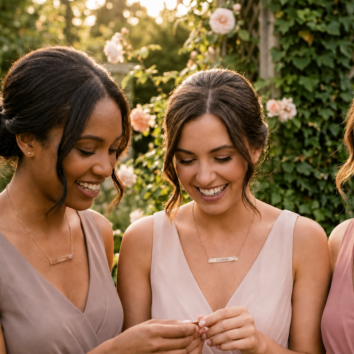 Bridesmaids wearing personalized birthstone bar necklaces