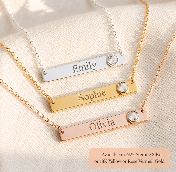Sterling silver yellow gold and rose gold name bar necklaces with birthstones
