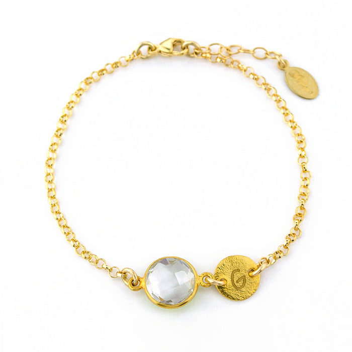 Personalized Clear Quartz Bracelet with Initial Charm • April Birthstone