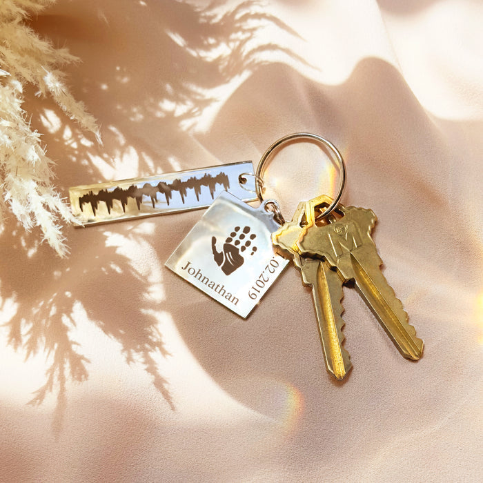 Styled flat-lay with ultrasound photo and gold coordinates keychain—add baby’s birth place coordinates, name and date; meaningful new dad or mom gift; customizable bar, GPS coordinates keychain, engraved location keychain; stainless steel finish resists wear; perfect for hospital birth, Father’s Day keychain, Mother’s Day keychain, family keepsake.