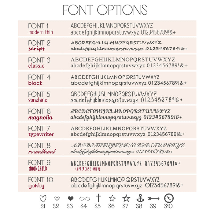 Font options chart for personalized engraved gifts, showing various lettering styles from elegant scripts to bold block fonts. Suitable for customizing names, initials, dates, coordinates, or handwriting on jewelry, accessories, keepsakes, and special occasion gifts. Ideal for weddings, anniversaries, graduations, Father’s Day, and other milestone celebrations.
