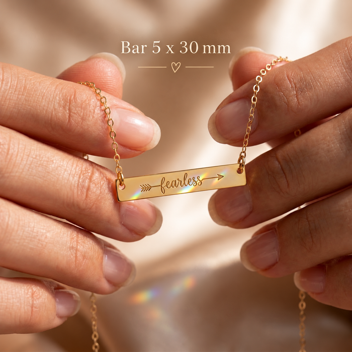 Personalized 30 x 5 mm engraved bar necklace showing pendant size