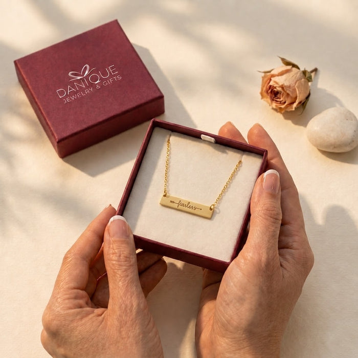 Custom engraved bar necklace in Danique branded box