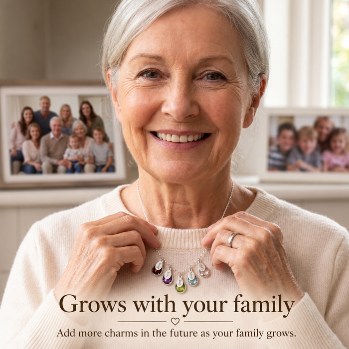 Grandma wearing personalized birthstone necklace with family name charms