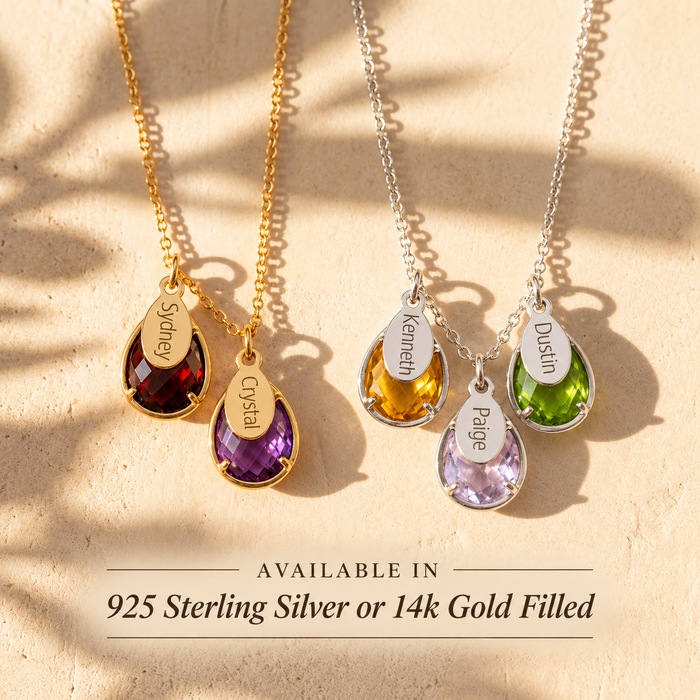 Family birthstone station necklaces in sterling silver and in 14K gold-filled