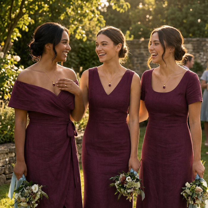 Bridesmaids wearing matching garnet name necklaces with burgundy dresses.
