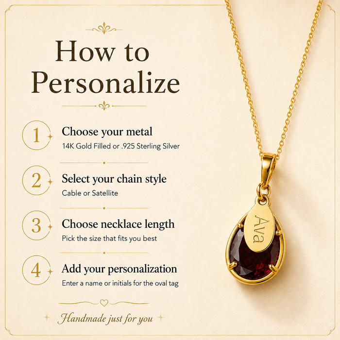 how to Personalized garnet necklace gift for January birthday, bridesmaid, daughter, or loved one.