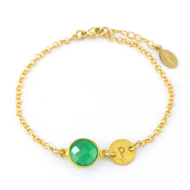 Personalized Green Onyx Bracelet with Initial Charm • May Birthstone