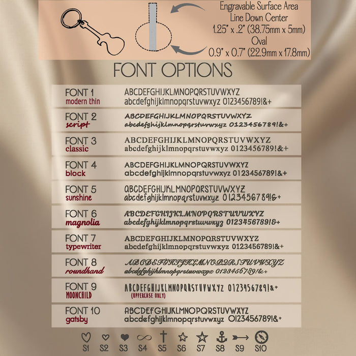 Font style options for personalized guitar bottle opener keychain engraving. Choose classic or modern fonts for custom message.