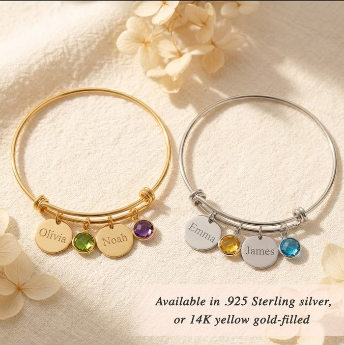 custom birthstone bangle bracelet with names, personalized jewelry for couples or bridesmaids, gold filled or sterling silver bracelet