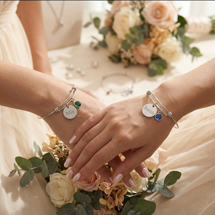 custom couples bracelet with engraved name charms and birthstones, personalized jewelry gift for anniversary or wedding