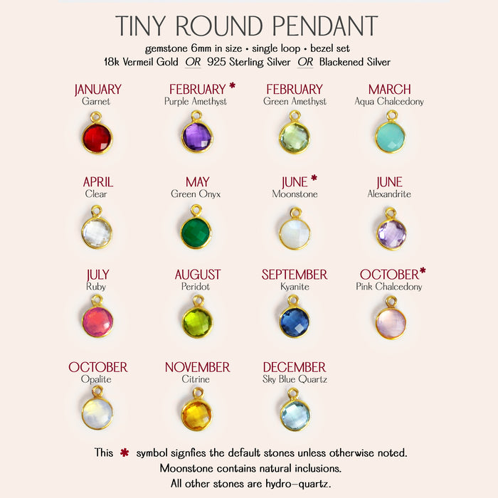6mm round pendants available in silver, gold, rose gold or blackened silver. Birthstone jewelry, gift for mom, gift for teen, gift for girl, christmas gift, valentine's gift, birthday gift, anniversary gift.