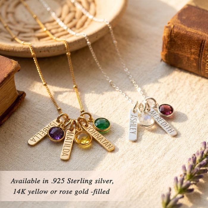 Personalized birthstone bar necklace for mom styled on neutral background, custom engraved family necklace in sterling silver and gold