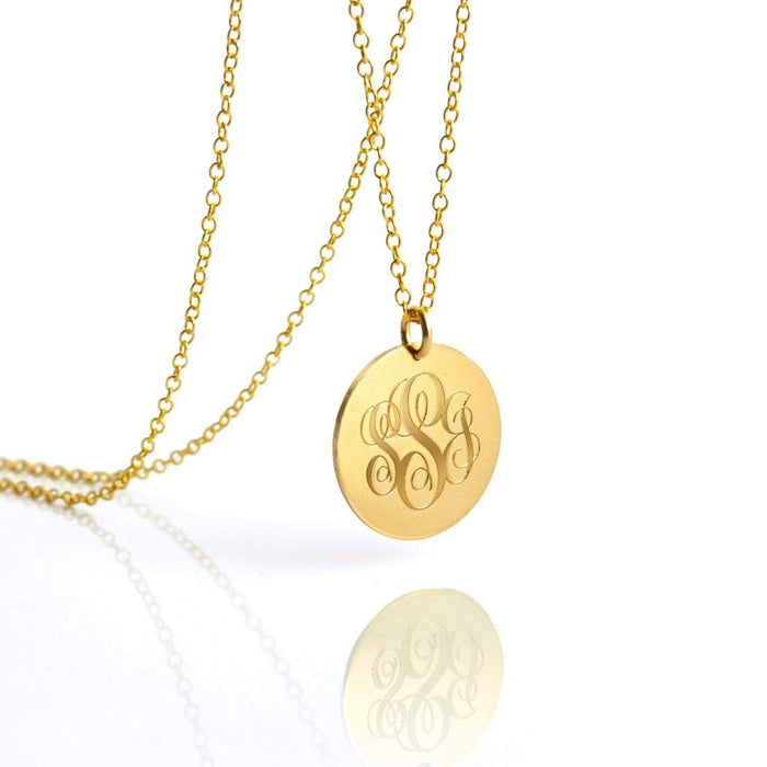 Gold monogram disc pendant necklace with custom engraved script initials, round gold plated charm on a delicate chain, personalized jewelry for her, perfect bridesmaid or graduation gift, everyday minimalist necklace for mom, daughter, sister or best friend