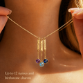 Personalized name and birthstone necklace for mom with engraved gold bars and colorful birthstone charms, custom family jewelry gift.