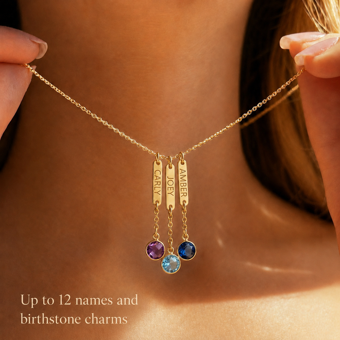 Personalized name and birthstone necklace for mom with engraved gold bars and colorful birthstone charms, custom family jewelry gift.
