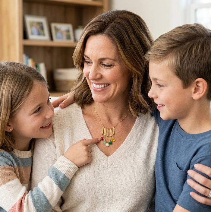 Mother wearing personalized birthstone name necklace with children, custom mom necklace with engraved bars and gemstone charms.
