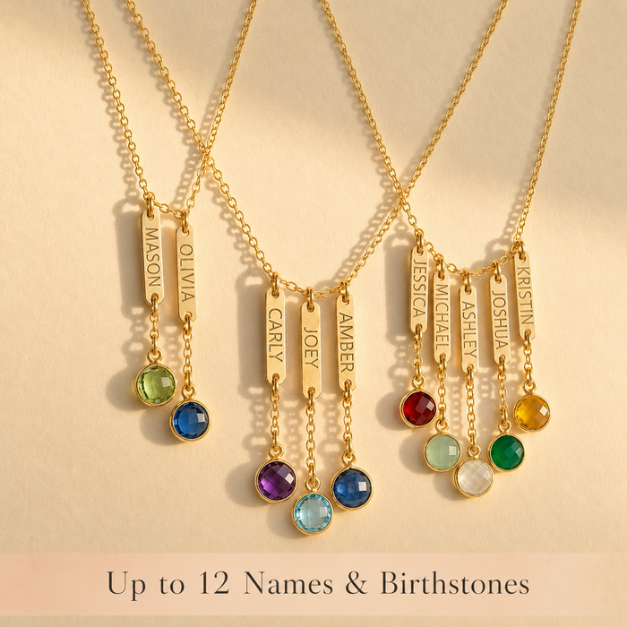 Custom name and birthstone charm necklace with up to 12 names and birthstones, a meaningful necklace for mom or grandma.