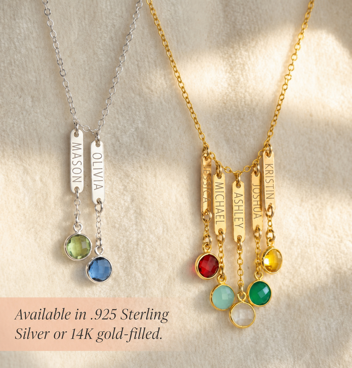 Personalized name and birthstone necklace available in sterling silver or 14K gold filled, custom family jewelry for mom.