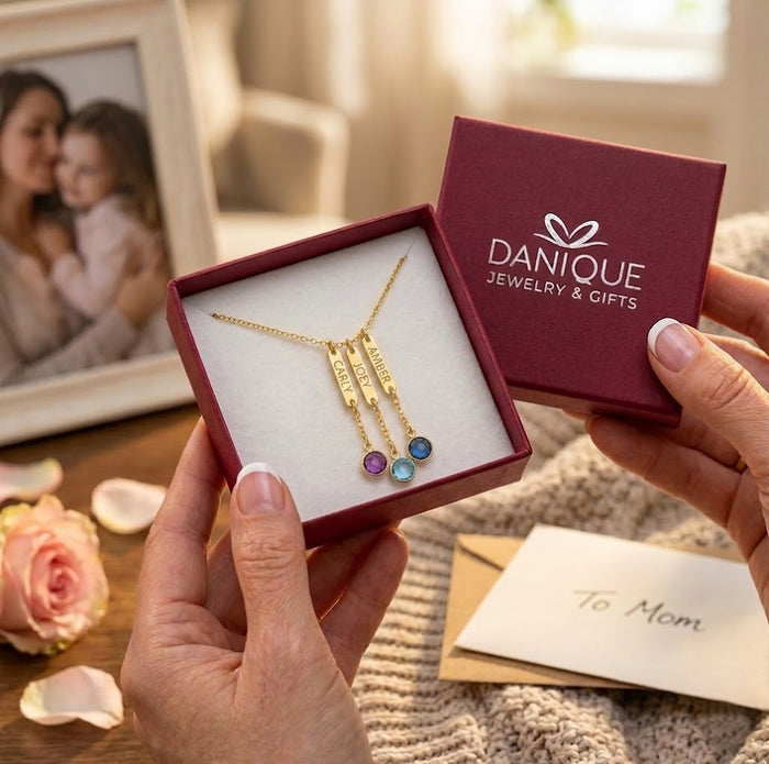 Gift-ready personalized name necklace in Danique Jewelry box, custom birthstone necklace for mom, grandma, or family keepsake gift.