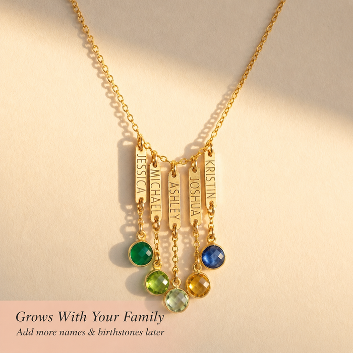 Custom engraved bar necklace with birthstone charms, a family necklace that grows with your family as names and stones are added.