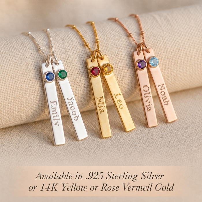 Personalized name bar necklaces shown in sterling silver, yellow gold, and rose gold with birthstone charms