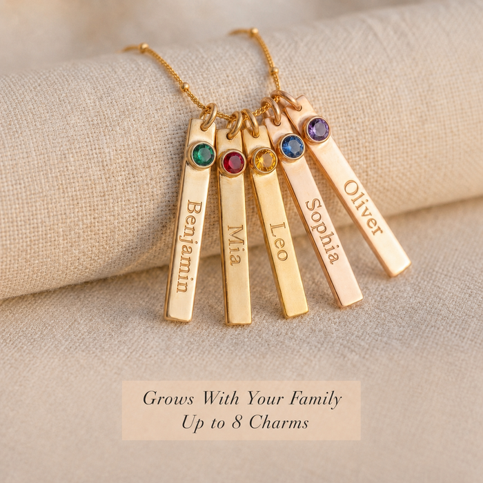 Engraved name bar birthstone necklace with multiple charms for children, family, or loved ones