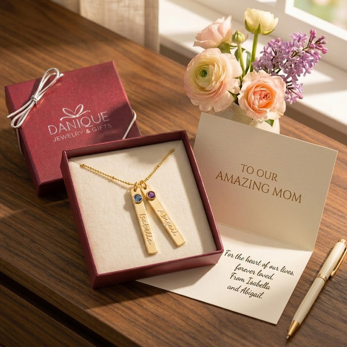Danique Jewelry gift box with personalized name bar birthstone necklace packaged for gifting