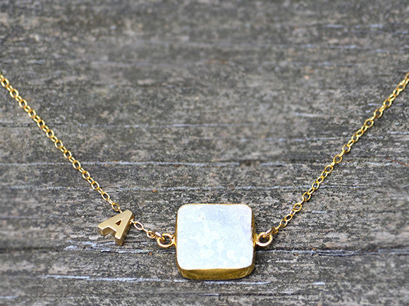 Personalized Natural Cushion White Druzy necklace