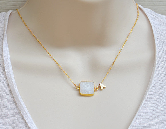 Personalized Natural Cushion White Druzy necklace