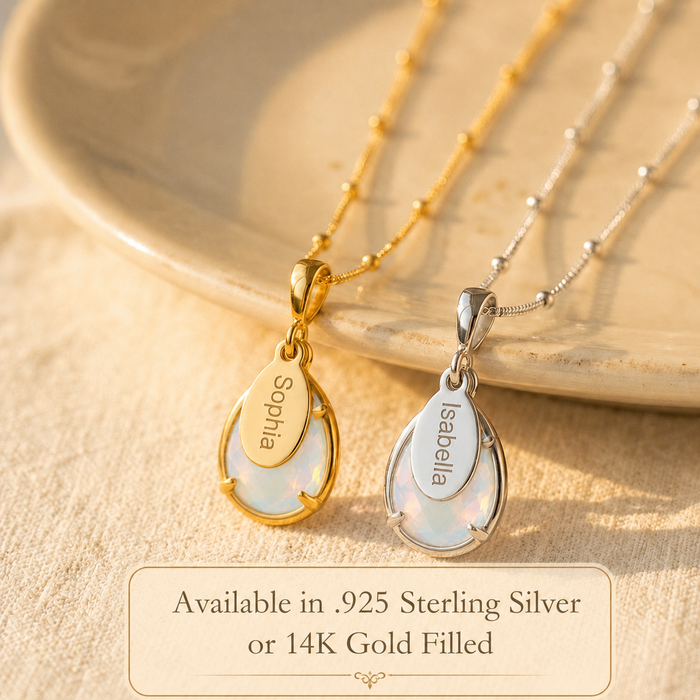 Gold and silver opalite necklaces showing .925 sterling silver and 14K gold-filled options.