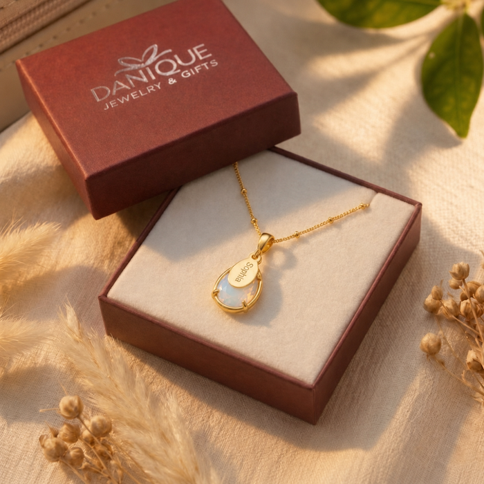 Gift-ready personalized opalite necklace shown in Danique Jewelry box.