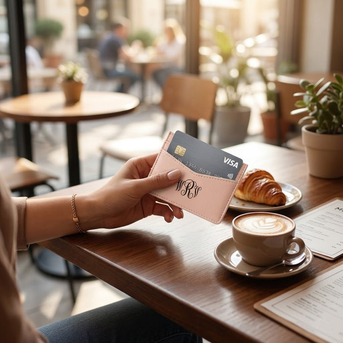 Hand holding an engraved card holder near a cafe table, styled as a personalized everyday wallet or business card case.