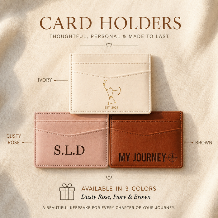 Card holder style guide showing traditional, passport, and mini wallet options with custom engraving placement.