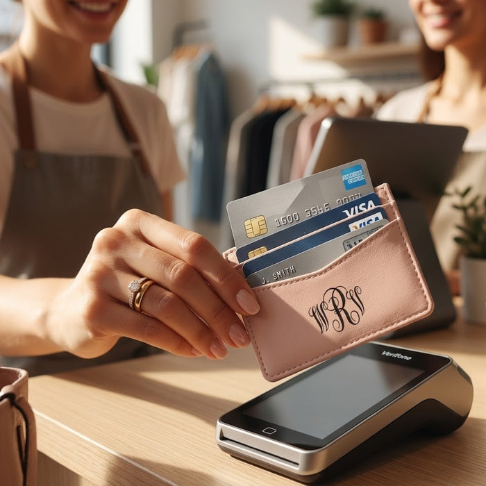 Customer using a pink personalized card holder with engraved monogram while paying by card at checkout.