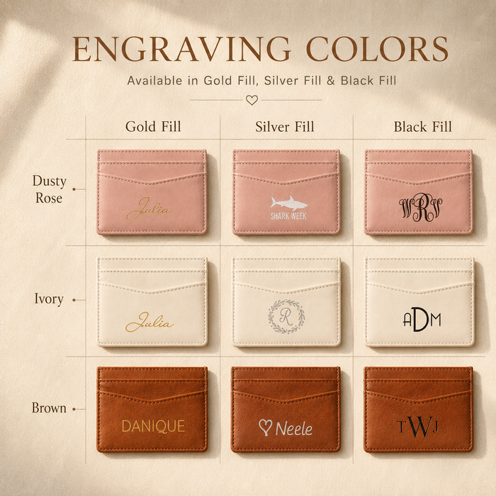 Engraving color chart for personalized PU leather card holders showing gold, silver, and black engraving on multiple colors.