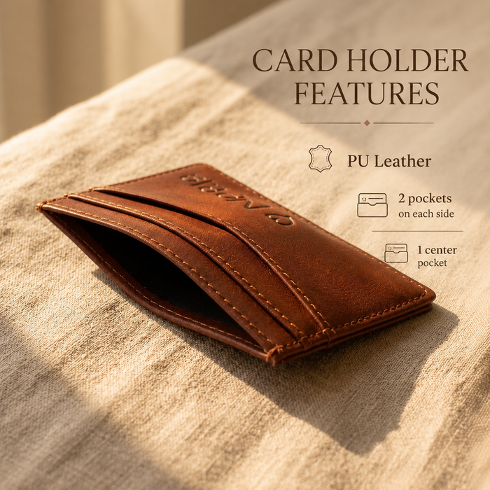 Brown PU leather card holder with multiple card pockets shown close up, highlighting slim personalized wallet features.
