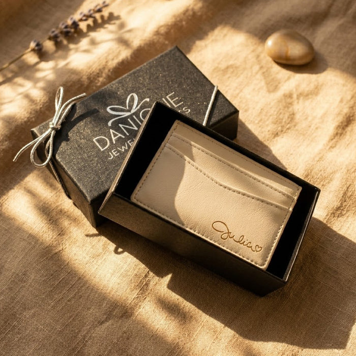 Danique Jewelry gift box with personalized white PU leather card holder, ready as a custom engraved gift.