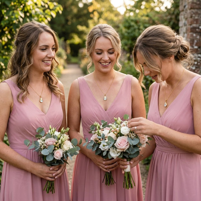 Bridesmaids wearing personalized rainbow moonstone necklaces, a meaningful June birthstone jewelry gift for weddings.