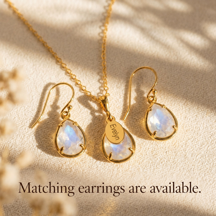 Matching rainbow moonstone earrings and personalized name necklace in gold filled finish with June birthstone stones.