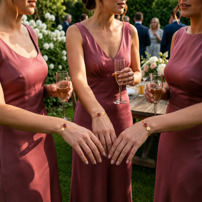 Bridesmaids wearing coordinated personalized ruby birthstone bracelets