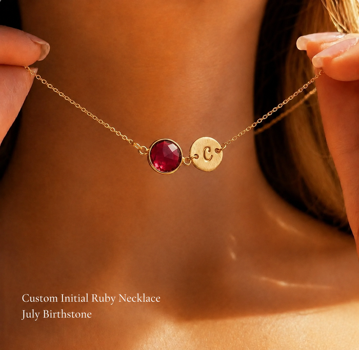 Personalized Ruby Quartz initial necklace with round faceted July birthstone and gold letter C charm