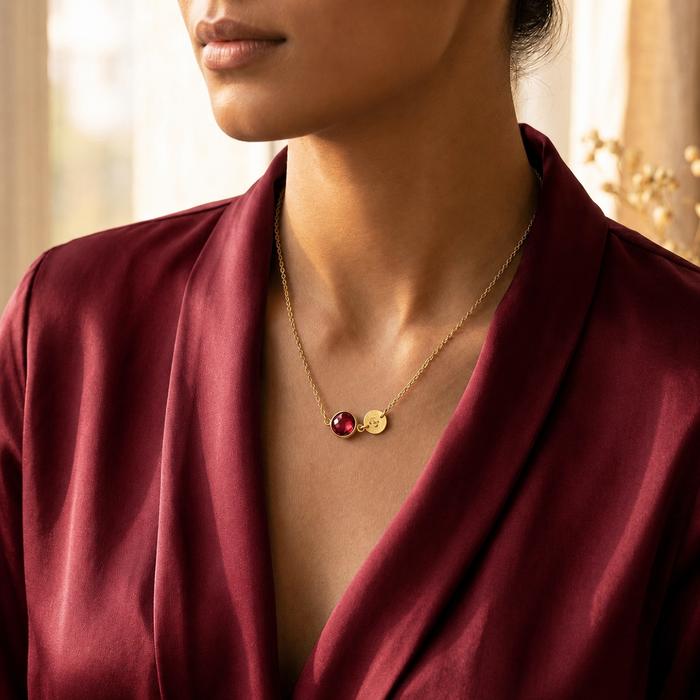 Woman wearing a dainty ruby birthstone initial necklace with a burgundy satin blouse