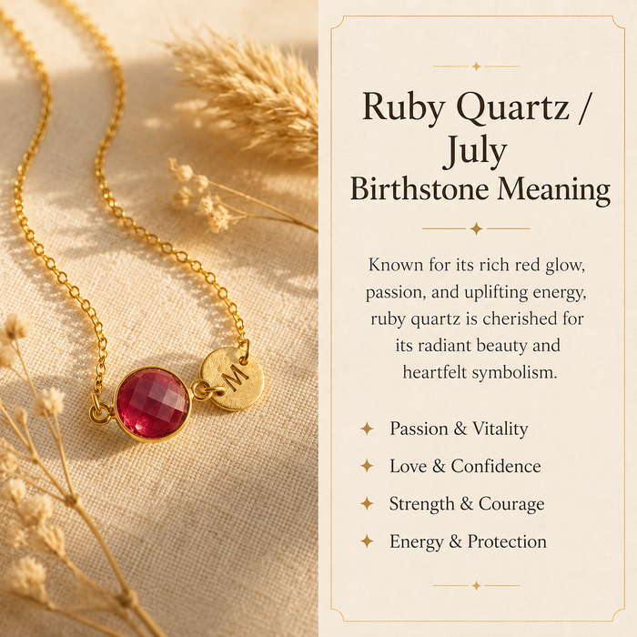 July Ruby Quartz birthstone meaning graphic with personalized necklace